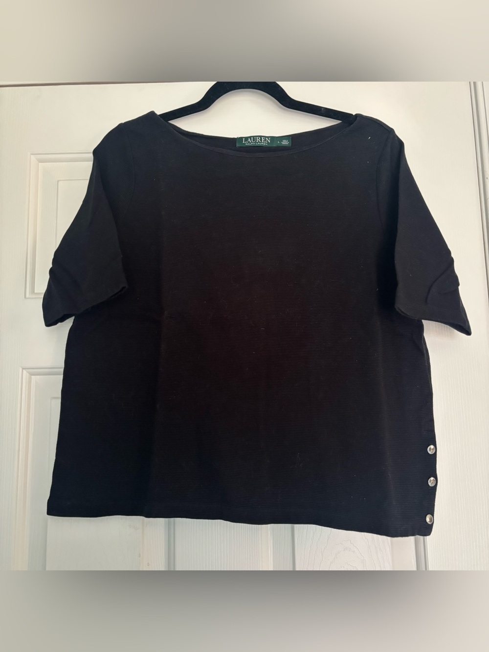 Lauren Ralph Lauren Black Ribbed Cotton Short Sleeve Boat Neck Top Size Large